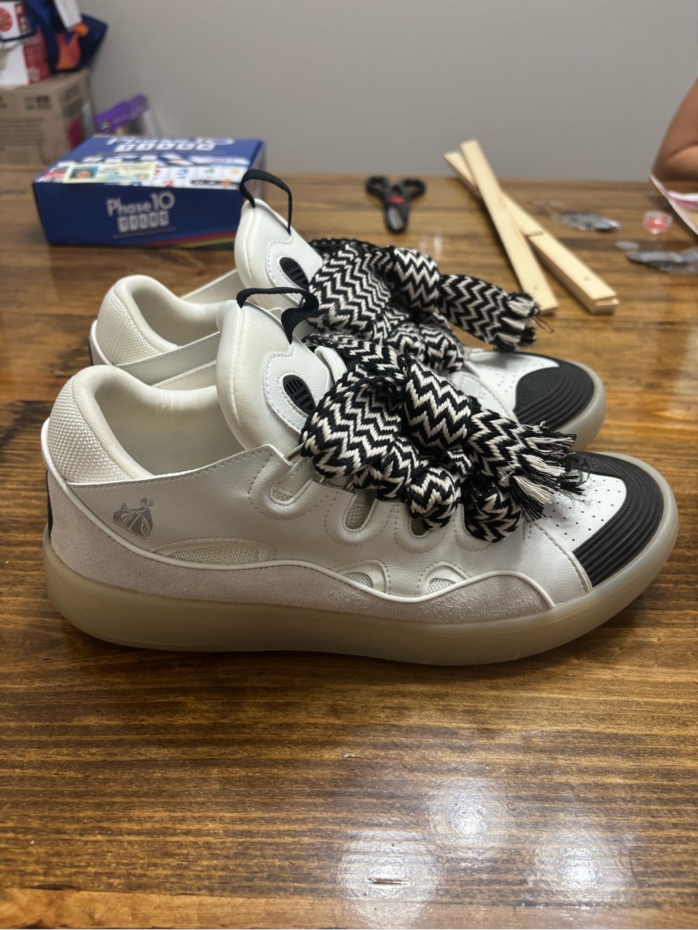Lanvin White and Black Low-Top Sneakers with Chevron Laces